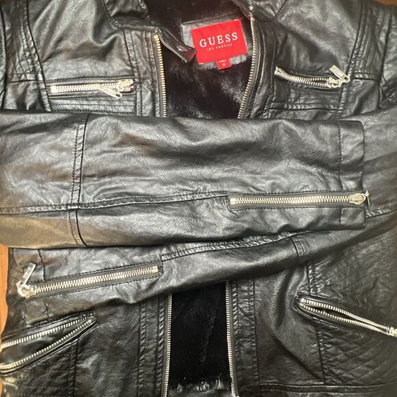 GUESS Los Angeles Faux Leather Biker Jacket Black Faux Fur Lined Women's Medium - Picture 4 of 8